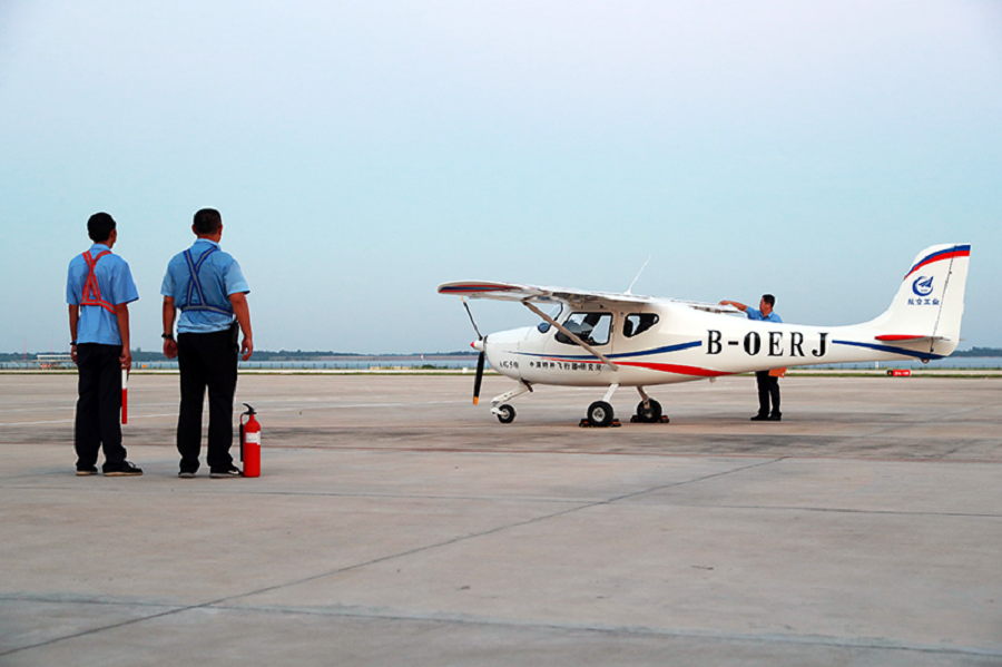 An AG50 light-sport aircraft prepares for its maiden flight in Jingmen, Central China