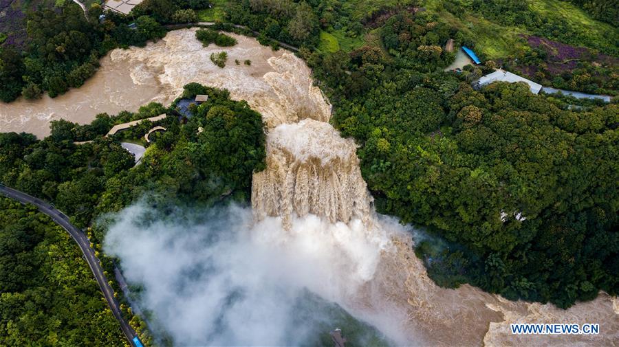 Aerial photo taken on Sept. 6, 2020 shows the scenery of Huangguoshu Waterfall in Anshun City of southwest China