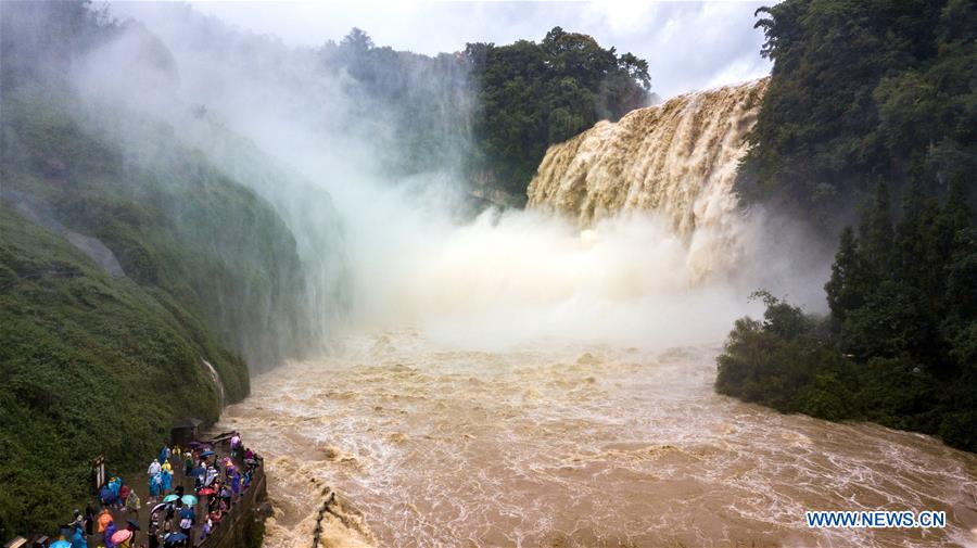 Aerial photo taken on Sept. 6, 2020 shows the scenery of Huangguoshu Waterfall in Anshun City of southwest China