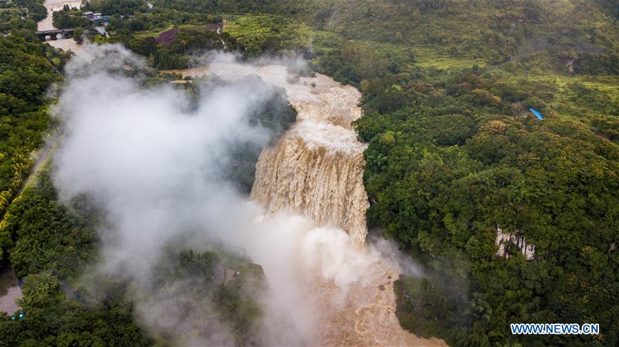 Aerial photo taken on Sept. 6, 2020 shows the scenery of Huangguoshu Waterfall in Anshun City of southwest China