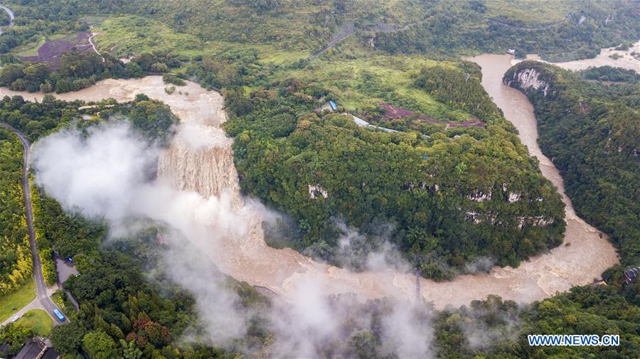 Aerial photo taken on Sept. 6, 2020 shows the scenery of Huangguoshu Waterfall in Anshun City of southwest China