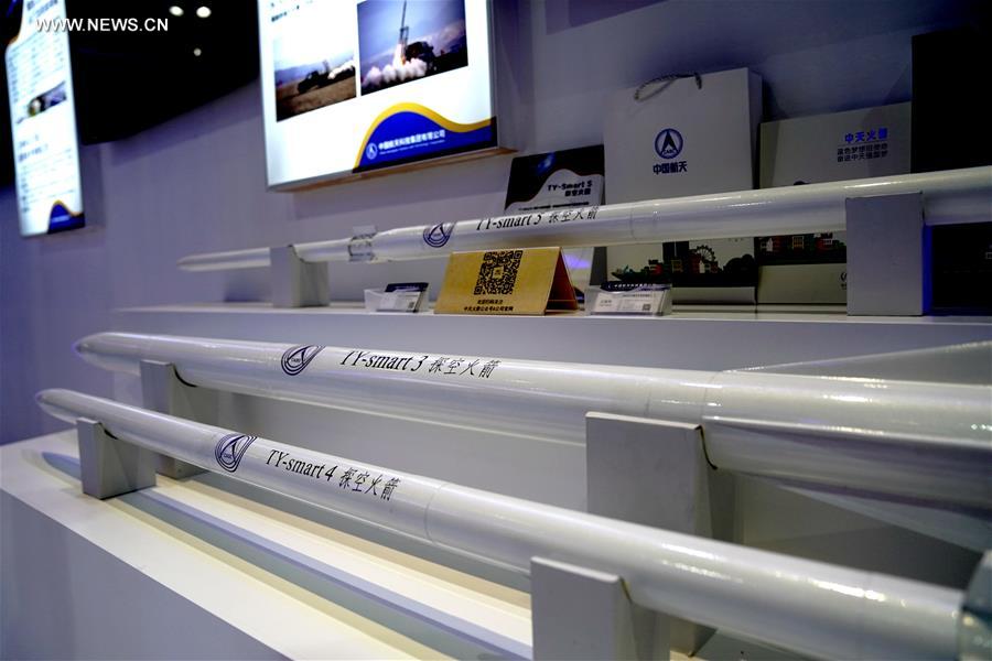Photo taken on Sept. 15, 2020 shows the models of sounding rocket at the 22nd China International Industry Fair (CIIF) in east China