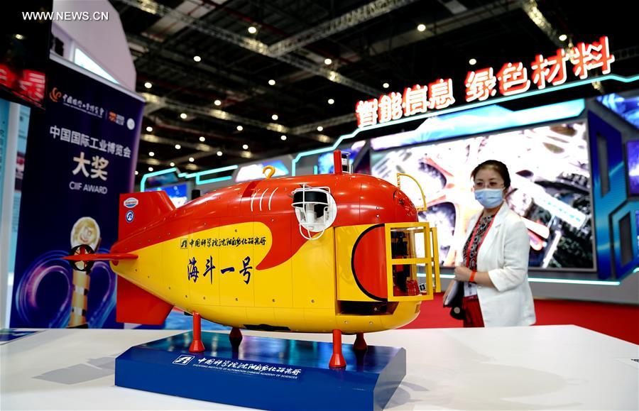 Photo taken on Sept. 15, 2020 shows the model of unmanned submersible "Haidou-1" at the 22nd China International Industry Fair (CIIF) in east China