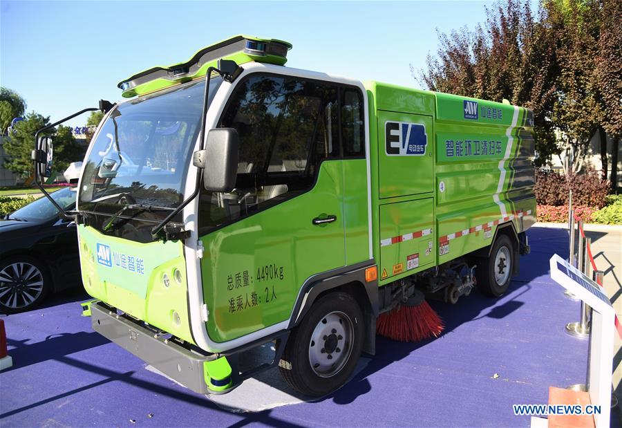 Photo taken on Sept. 17, 2020 shows a smart sanitation truck exhibited during the 2020 Zhongguancun Forum (ZGC Forum) in Beijing, capital of China. During the forum held from Sept. 17 to 20, more than 50 activities will be organized including conferences, exhibitions, transactions, and releases, with online livestream channels available to the public. The 23rd China Beijing International High-tech Expo is held together with the ZGC Forum, showcasing the latest technological achievements to the world. (Xinhua/Ren Chao)