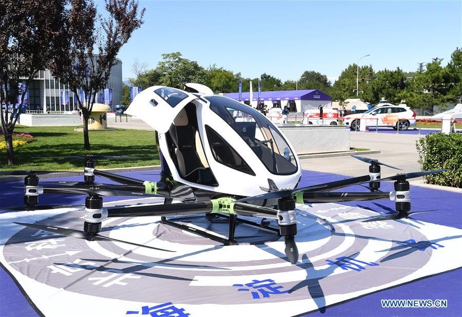 Photo taken on Sept. 17, 2020 shows a passenger-grade autonomous aerial vehicle exhibited during the 2020 Zhongguancun Forum (ZGC Forum) in Beijing, capital of China. During the forum held from Sept. 17 to 20, more than 50 activities will be organized including conferences, exhibitions, transactions, and releases, with online livestream channels available to the public. The 23rd China Beijing International High-tech Expo is held together with the ZGC Forum, showcasing the latest technological achievements to the world. (Xinhua/Ren Chao)