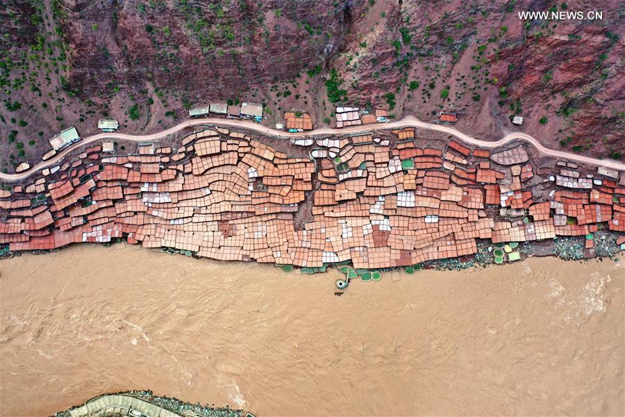 Aerial photo taken on Sept. 28, 2020 shows salt pans in Naxi Township of Mangkam County, Qamdo, southwest China