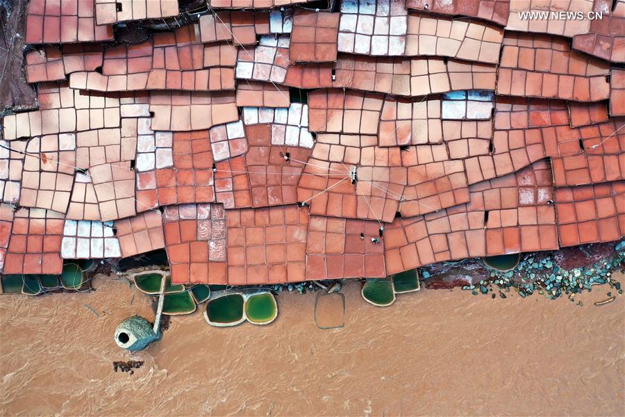Aerial photo taken on Sept. 28, 2020 shows salt pans in Naxi Township of Mangkam County, Qamdo, southwest China