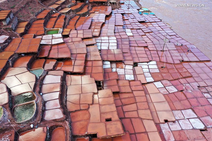 Aerial photo taken on Sept. 28, 2020 shows salt pans in Naxi Township of Mangkam County, Qamdo, southwest China