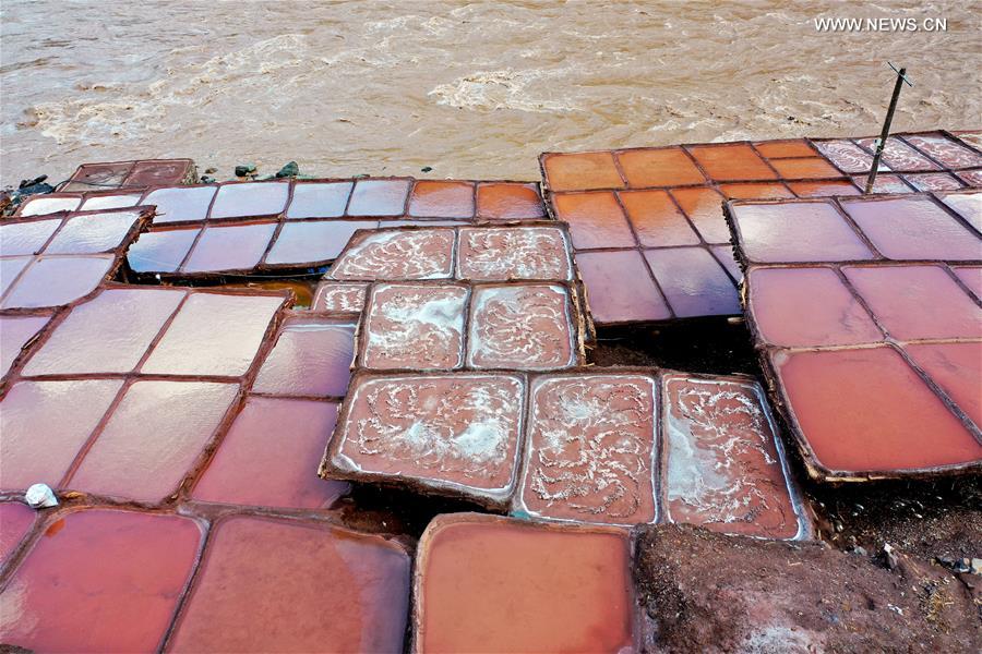 Aerial photo taken on Sept. 28, 2020 shows salt pans in Naxi Township of Mangkam County, Qamdo, southwest China