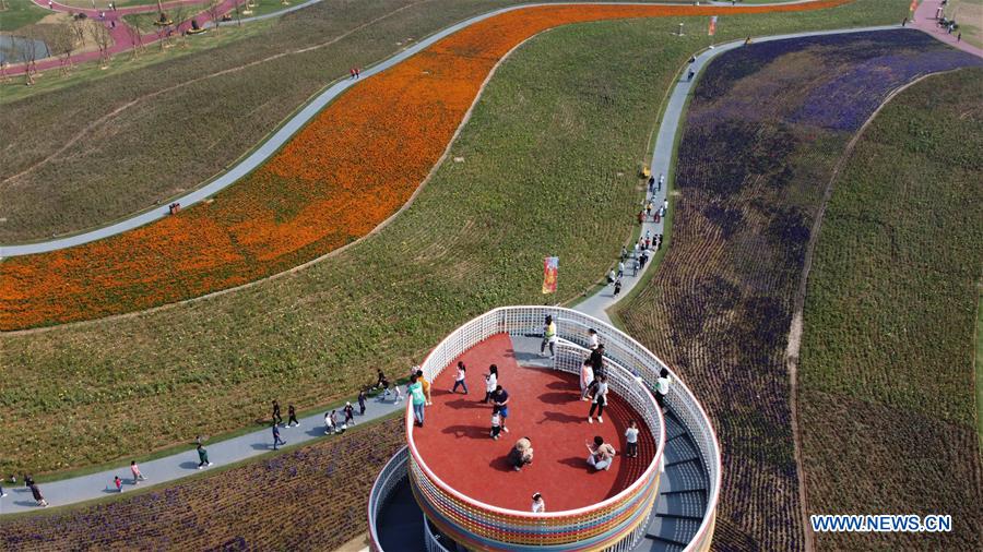 Aerial photo taken on Oct. 1, 2020 shows people visiting a creative field garden in Hefei, capital of east China