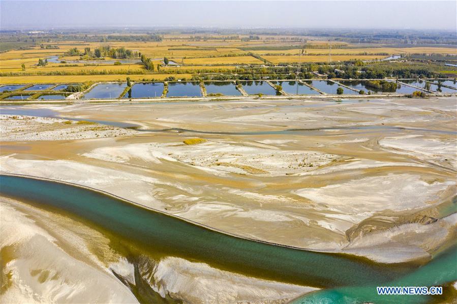 Aerial photo taken on Oct. 16, 2020 shows rice paddies in Tuofuhan Township of Wensu County, Aksu Prefecture, northwest China