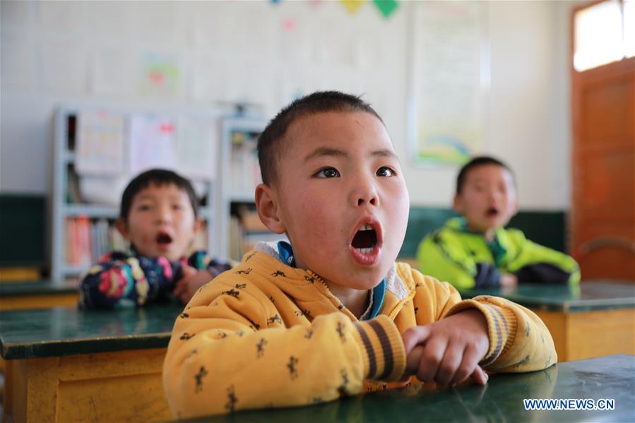 Students attend a class in Changshan School, Huining County, northwest China