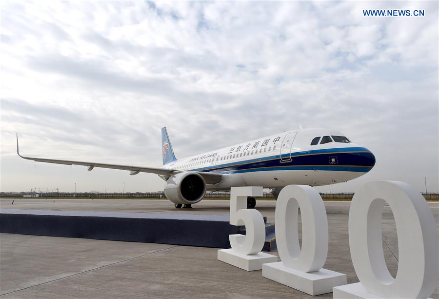 The 500th A320 aircraft assembled at the Airbus Final Assembly Line Asia (FALA) is pictured in Tianjin, north China, Oct. 29, 2020. Airbus has delivered the 500th A320 family aircraft from FALA in north China