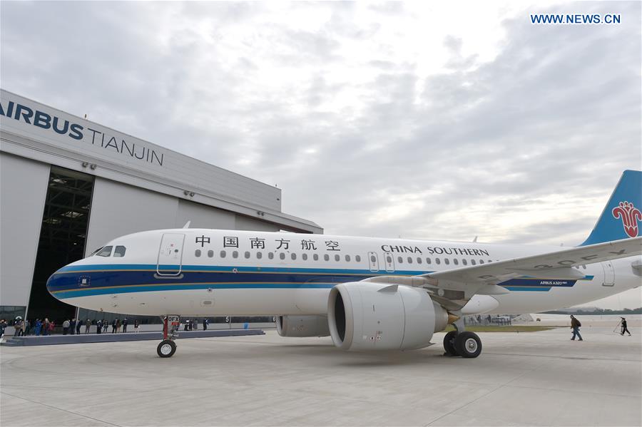 The 500th A320 aircraft assembled at the Airbus Final Assembly Line Asia (FALA) is pictured in Tianjin, north China, Oct. 29, 2020. Airbus has delivered the 500th A320 family aircraft from FALA in north China