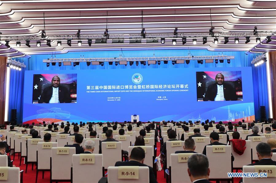 Papua New Guinean Prime Minister James Marape gives a speech via video link at the opening ceremony of the third China International Import Expo (CIIE) held in east China