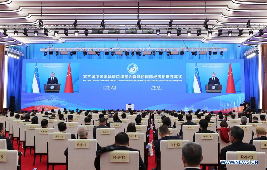 Uzbek President Shavkat Mirziyoyev gives a speech via video link at the opening ceremony of the third China International Import Expo (CIIE) held in east China