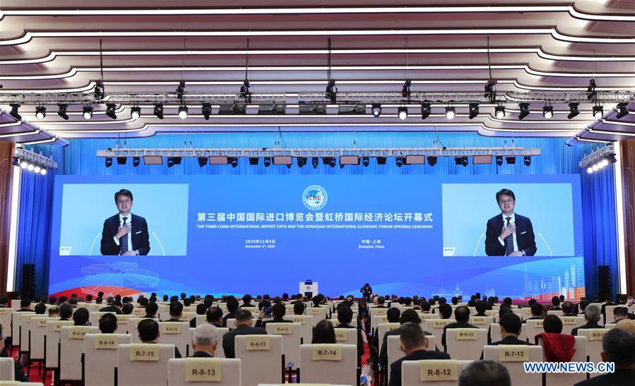 World Intellectual Property Organization (WIPO) Director General Daren Tang gives a speech via video link at the opening ceremony of the third China International Import Expo (CIIE) held in east China