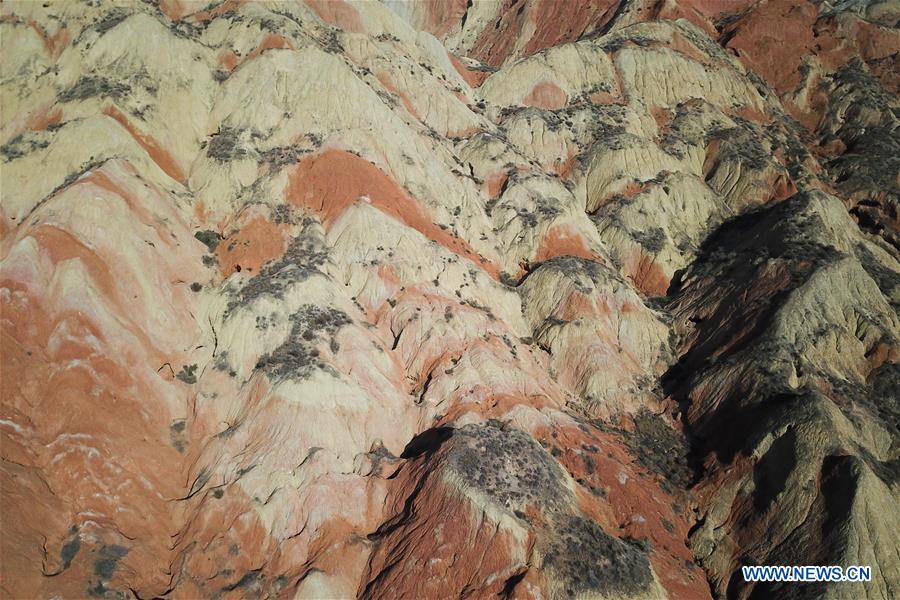 Aerial photo taken on Nov. 6, 2020 shows a view of Lanzhou Shuimo Danxia Scenic Spot in Lanzhou, northwest China