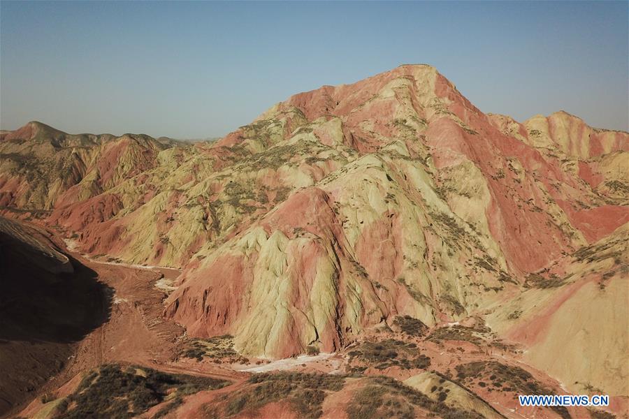 Aerial photo taken on Nov. 6, 2020 shows a view of Lanzhou Shuimo Danxia Scenic Spot in Lanzhou, northwest China