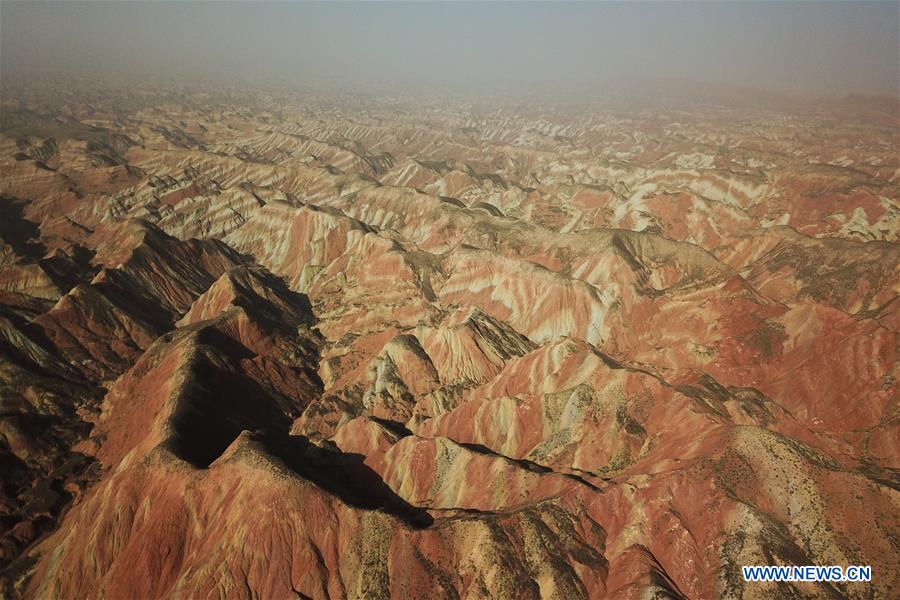 Aerial photo taken on Nov. 6, 2020 shows a view of Lanzhou Shuimo Danxia Scenic Spot in Lanzhou, northwest China
