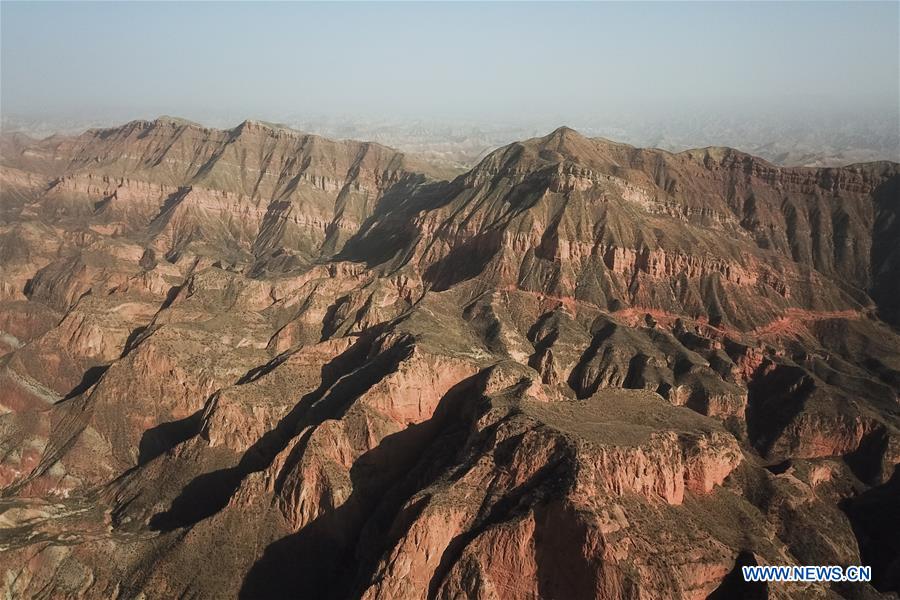 Aerial photo taken on Nov. 6, 2020 shows a view of Lanzhou Shuimo Danxia Scenic Spot in Lanzhou, northwest China