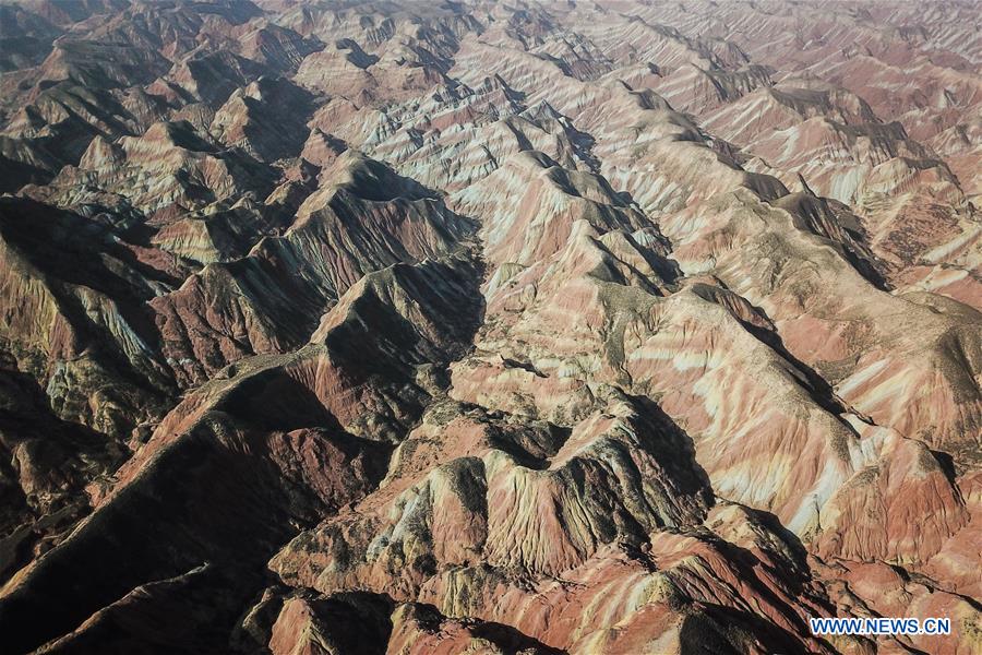 Aerial photo taken on Nov. 6, 2020 shows a view of Lanzhou Shuimo Danxia Scenic Spot in Lanzhou, northwest China