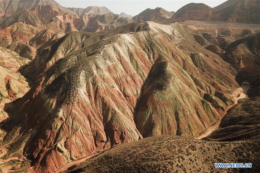 Aerial photo taken on Nov. 6, 2020 shows a view of Lanzhou Shuimo Danxia Scenic Spot in Lanzhou, northwest China