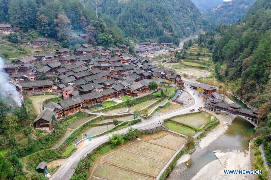 Aerial photo taken on Nov. 16, 2020 shows the view of Langde Village of Miao ethnic group in Leishan County, Qiandongnan Miao and Dong Autonomous Prefecture, southwest China