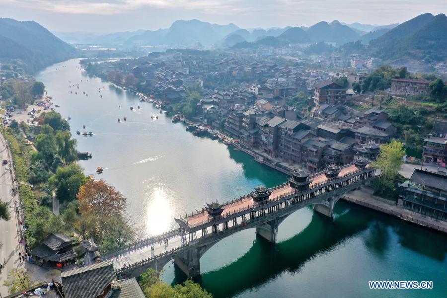 Aerial photo taken on Nov. 15, 2020 shows the view of Xiasi Ancient Town of Kaili in Qiandongnan Miao and Dong Autonomous Prefecture, southwest China