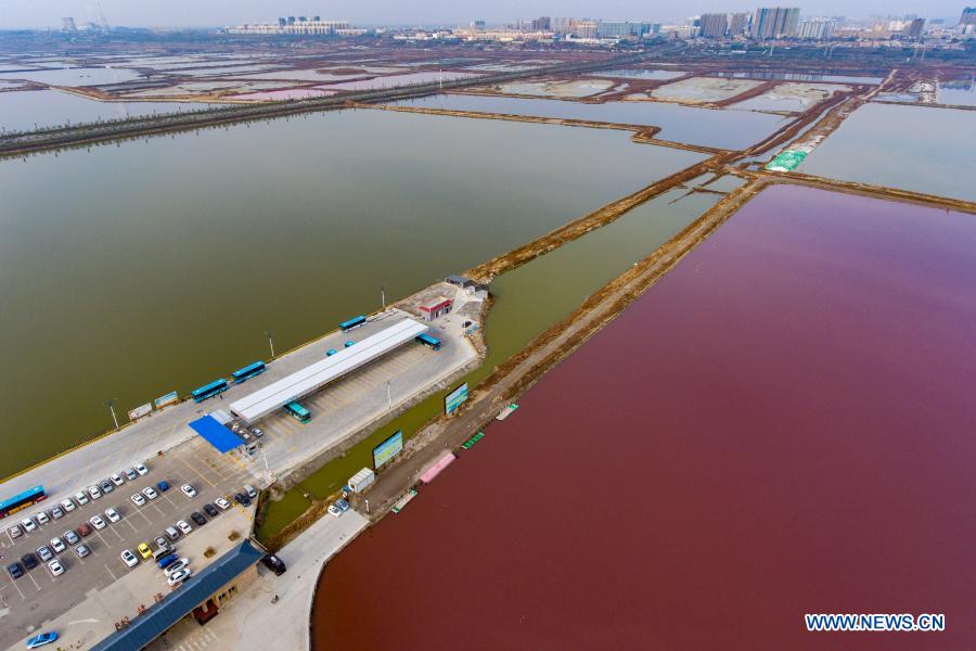 Aerial photo taken on Dec 3, 2020 shows a view of the salt lake in Yuncheng City, north China