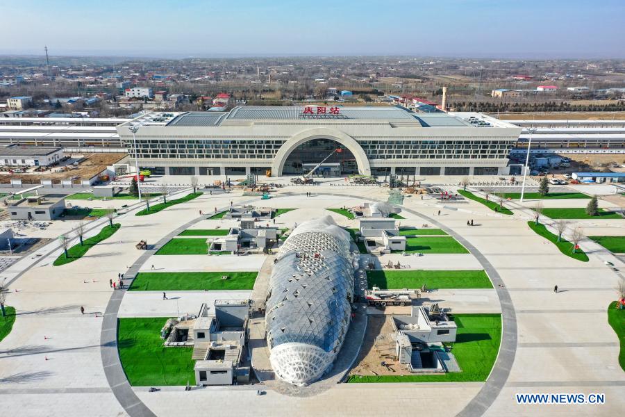 Aerial photo taken on Dec. 14, 2020 shows a view of the Qingyang Railway Station along the Yinchuan-Xi