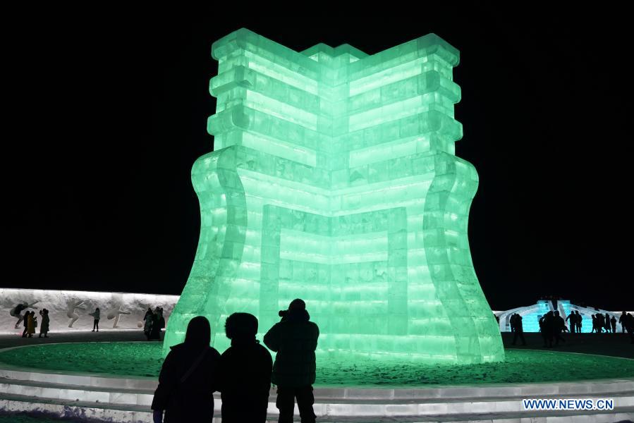 Photo taken on Dec. 24, 2020 shows an ice sculpture created by Sun Hongyan