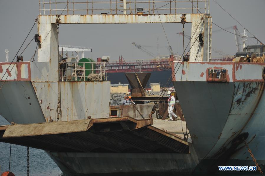 Photo taken on Jan. 5, 2021 shows the construction site of Tema Liquefied Natural Gas (LNG) Import Terminal Project in Tema, Ghana. Ghana