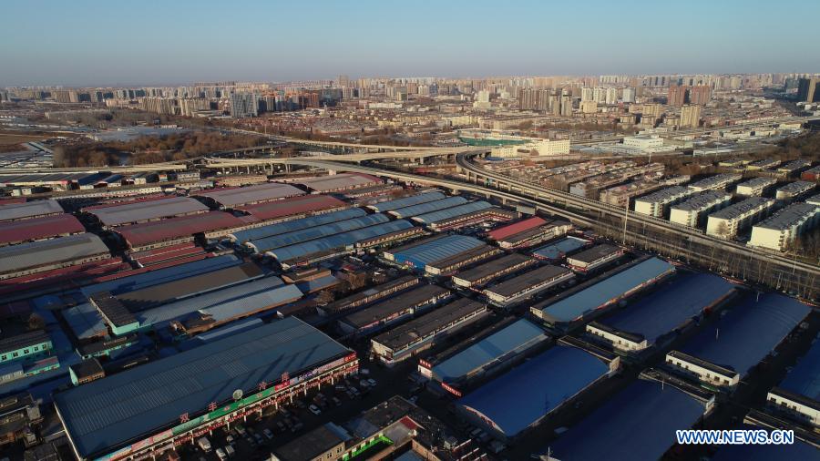 Aerial photo shows a view of Qiaoxi vegetable wholesale market in Shijiazhuang, north China