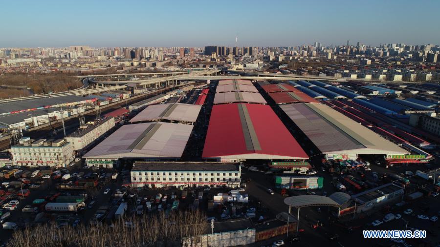 Aerial photo shows a view of Qiaoxi vegetable wholesale market in Shijiazhuang, north China
