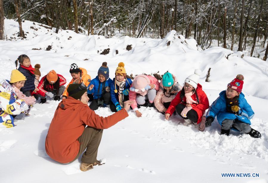 Students from Huchangbao Primary School learn to seek and recognize wildlife footprints at a camp in Longcanggou National Forest Park in Yingjing County, southwest China