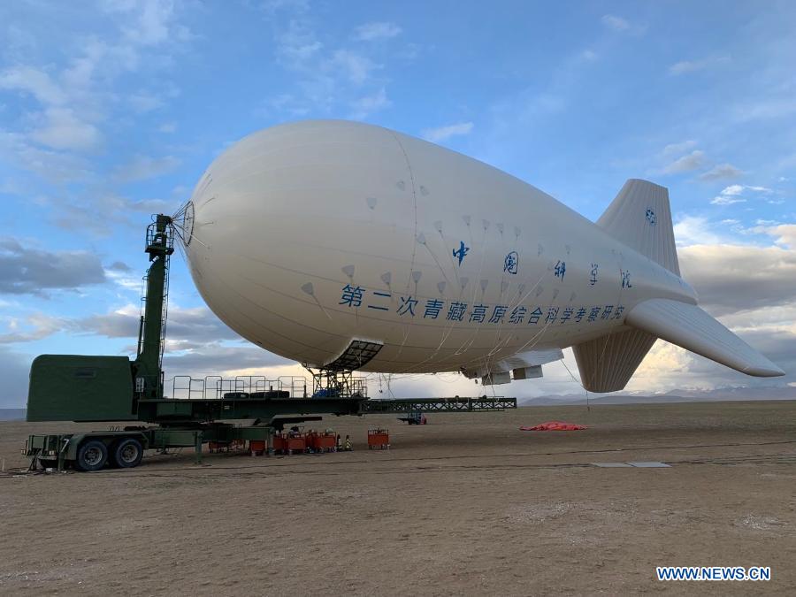 Photo taken on May 30, 2019 shows the Chinese-developed floating airship "Jimu No. 1" in southwest China. An ongoing scientific expedition on the Qinghai-Tibet Plateau has already returned significant discoveries, providing valuable resources for global ecological conservation efforts. China commenced the expedition in June 2017, 40 years after the first research trip to the plateau by Chinese scientists. Slated to last from five to 10 years, studies will focus on glaciers, biodiversity, ecological changes, and climate change. (Xinhua/Tian Jinwen) 