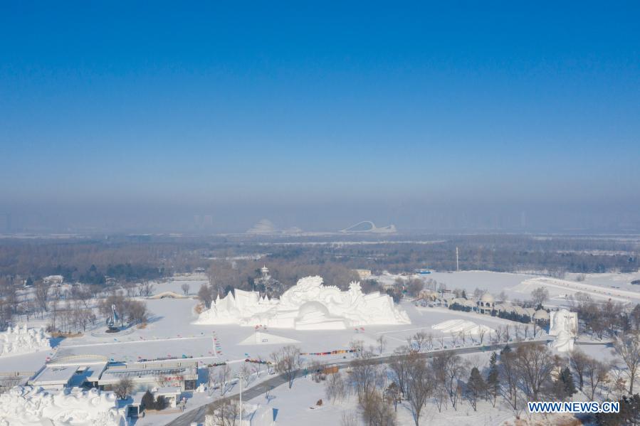 Aerial photo taken on Jan. 22, 2021 shows a view of the Harbin Sun Island International Snow Sculpture Art Exposition in Harbin, northeast China