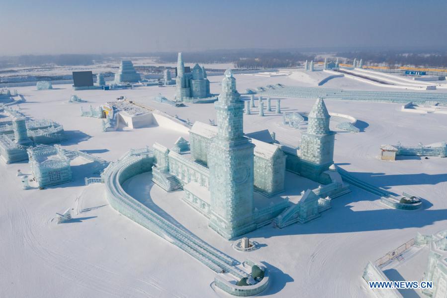 Aerial photo taken on Jan. 22, 2021 shows a view of the Harbin Ice-Snow World in Harbin, northeast China