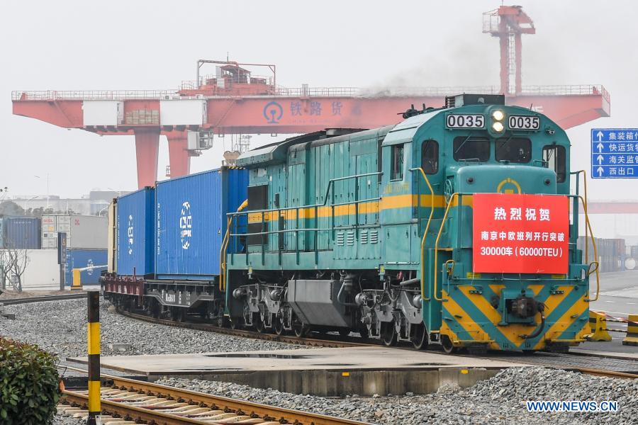 A China-Europe cargo train loaded with containers of electronic products and accessories of household appliances leaves for Russia