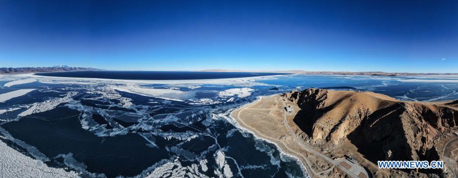 Aerial photo taken on Jan. 29, 2021 shows the winter scenery of Nam Co Lake in southwest China