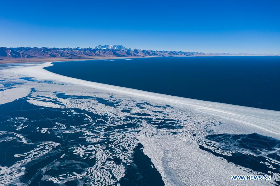 Aerial photo taken on Jan. 29, 2021 shows the winter scenery of Nam Co Lake in southwest China