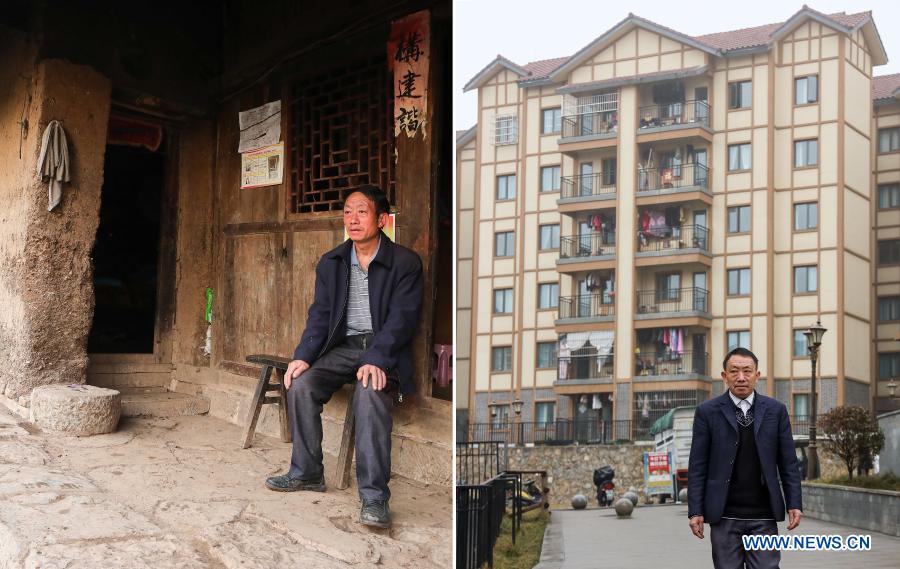 L: Photo taken on April, 27, 2018 shows Yang Shaoshu in front of his old residence in Qianxi County, southwest China