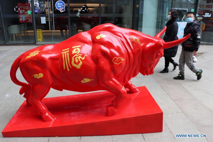 People walk past an ox sculpture set as decorations for the upcoming Chinese Lunar New Year in Changzhou City, east China