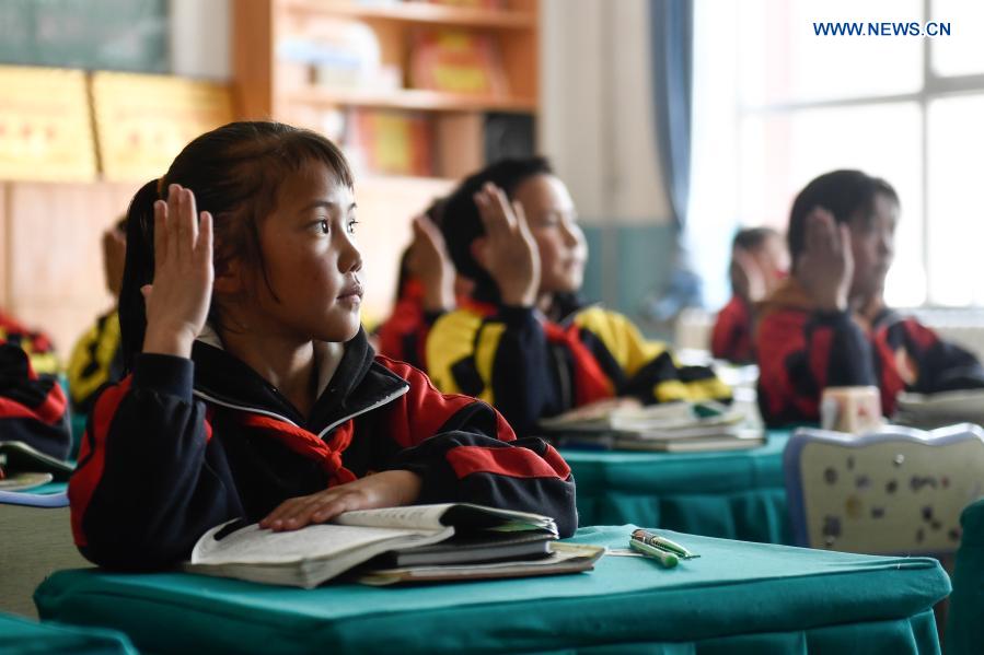 Students are in class in a primary school in Gande County of Tibetan Autonomous Prefecture of Golog in northwest China