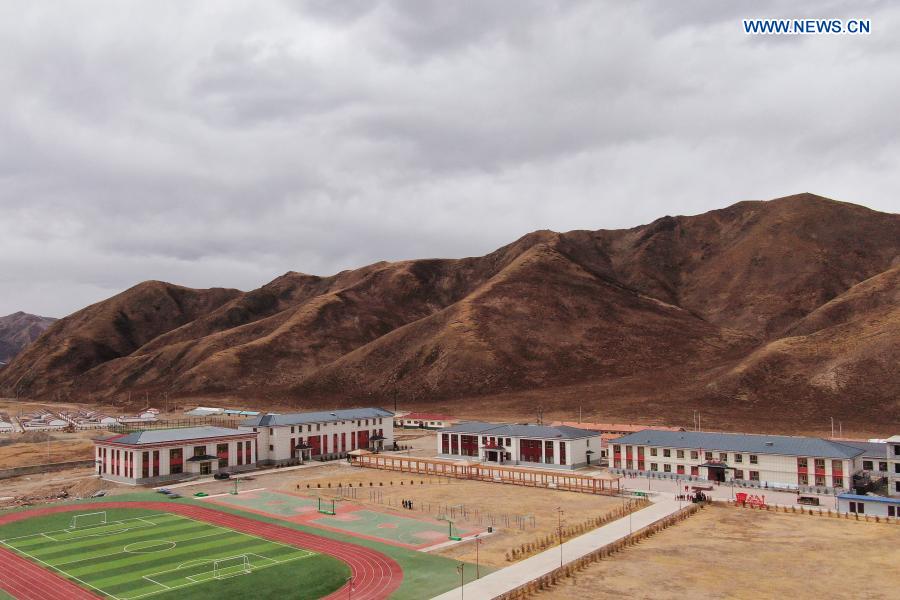 Aerial photo taken on March 17, 2021 shows a primary school in Gande County of Tibetan Autonomous Prefecture of Golog in northwest China