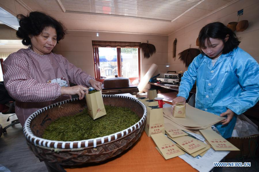Farmers package Longjing tea at Meijiawu Village of Hangzhou City, east China
