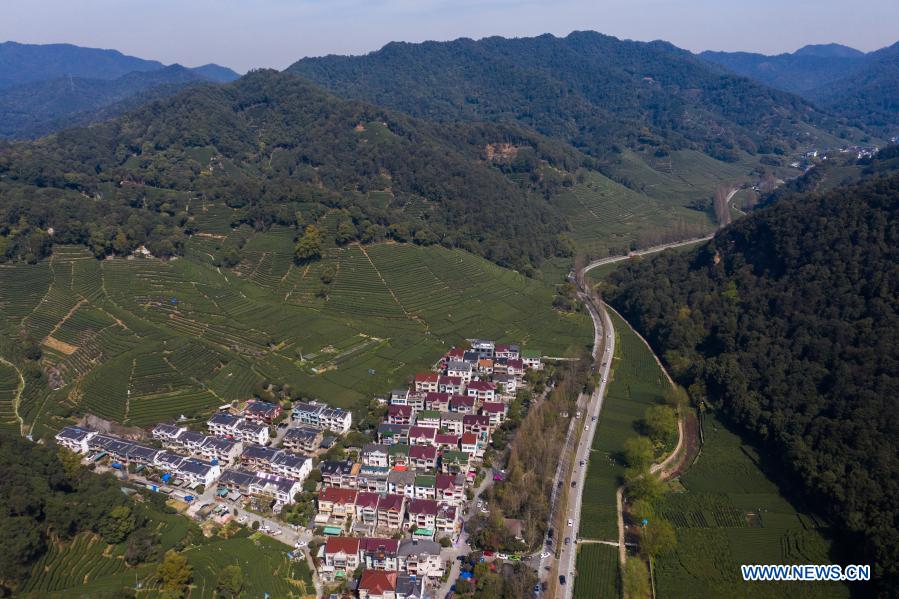 Aerial photo shows tea gardens at Meijiawu Village of Hangzhou City, east China