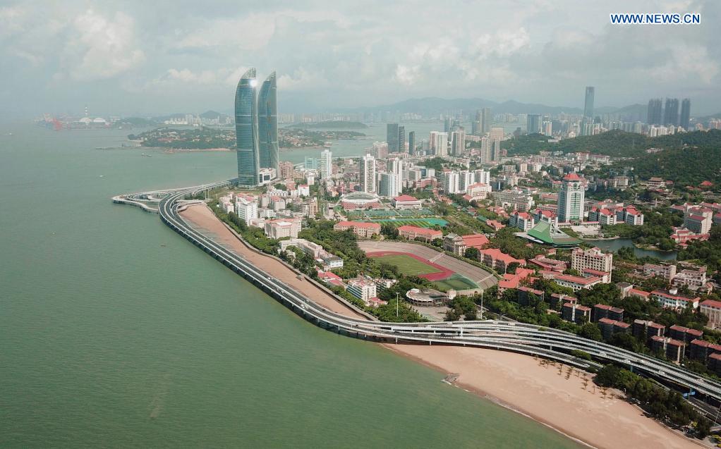 Aerial photo taken on Aug. 24, 2017 shows the seaside scenery near the Xiamen University in Xiamen, southeast China