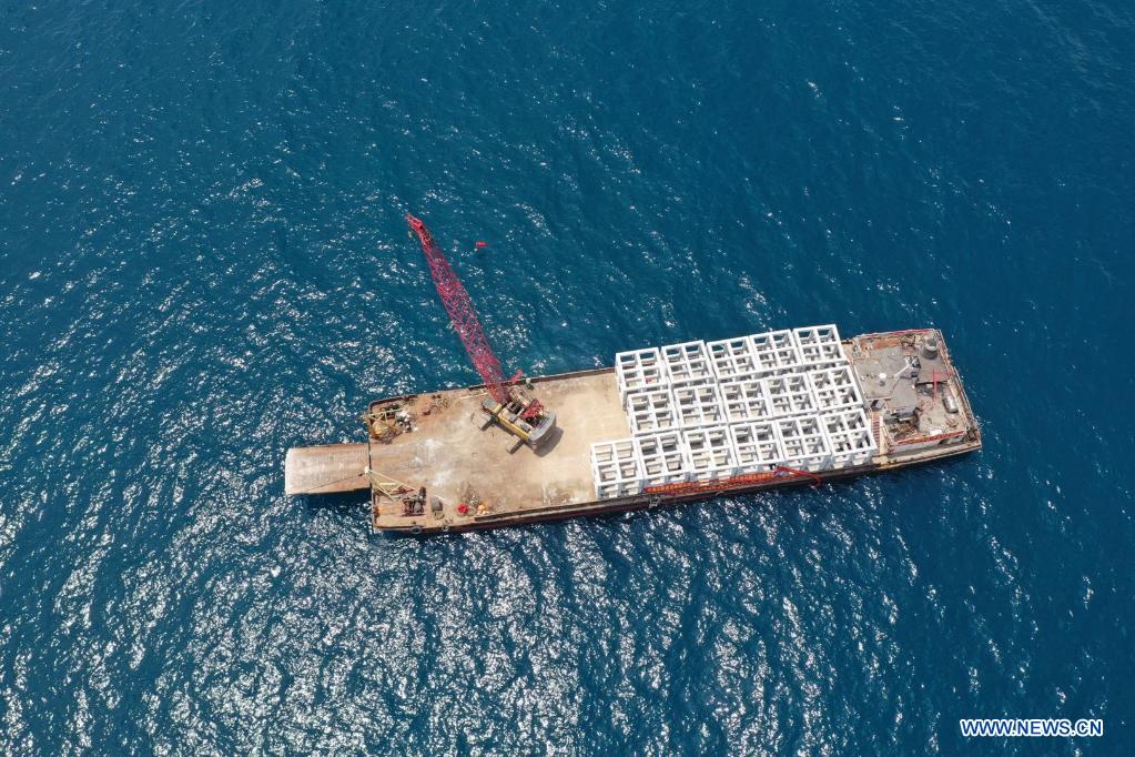 Aerial photo taken on April 8, 2021 shows artificial reefs being placed in Wuzhizhou Island